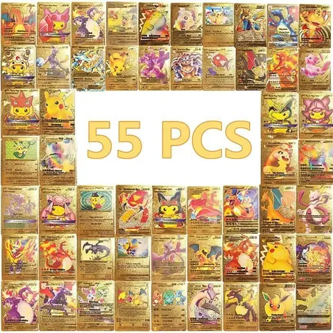 Carte Pokemon Française 55 Cartes Plaquée Or Arc-en-Ciel Vmax+V+GX+EX Carte Cartes à Jouer et à Collectionner