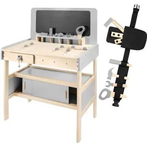 Etabli de Bricolage - MAMABRUM - Enfant en Bois - 50 pièces - Dimensions 36x29x43 cm - Couleurs douces