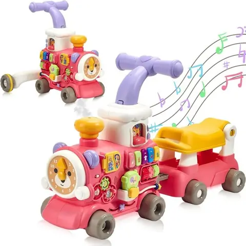 Trotteur pour Bébé Jouet Montessori pour Tout-petits Train à Vapeur  avec Musique pour Peut Rouler Apprendre Pousser et Jouer