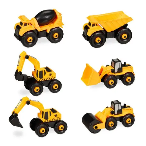 Relaxdays Jouets de chantier pour enfant lot 6 pièces véhicule pelleteuse DIY tournevis dès 3 ans jaune/noir
