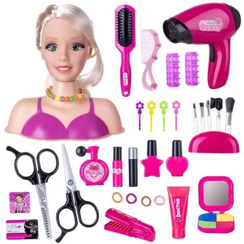 Tête à Coiffer et Maquiller Enfant Jouet Tête de Maquillage Poupée Accessoires de Coiffure Inclus avec Sèche-Cheveux