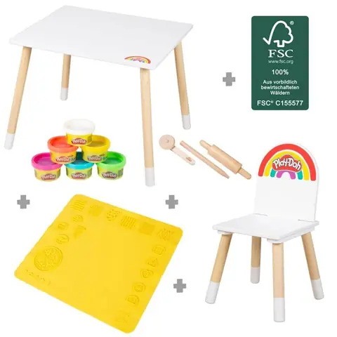 Pâte à Modeler ROBA x Play-Doh - 6 Pots + Table et Chaise Enfant + Tapis et Accessoire en Bois - Jouet Créatif dès 3 Ans