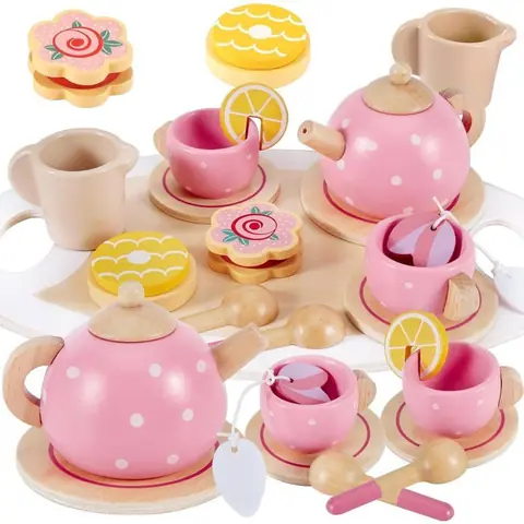 Service à Thé Jouets Dinette en Bois Enfant Accessoire Cuisine Enfant ave PlateauJouets en Bois pour 3 4 5 Ans Cadeau pour Enfants