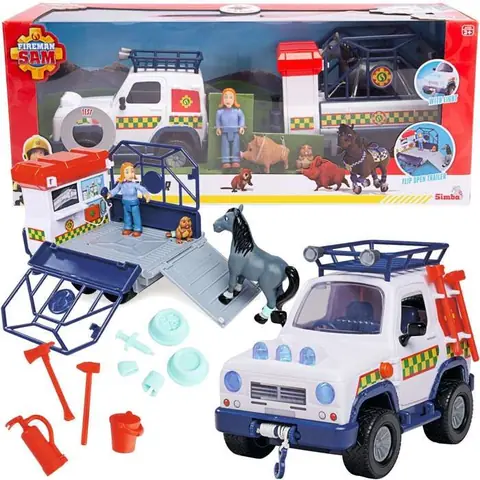 SIMBA Sam le pompier - Kit de sauvetage vétérinaire voiture tout-terrain avec remorque 15 pièces et lumière