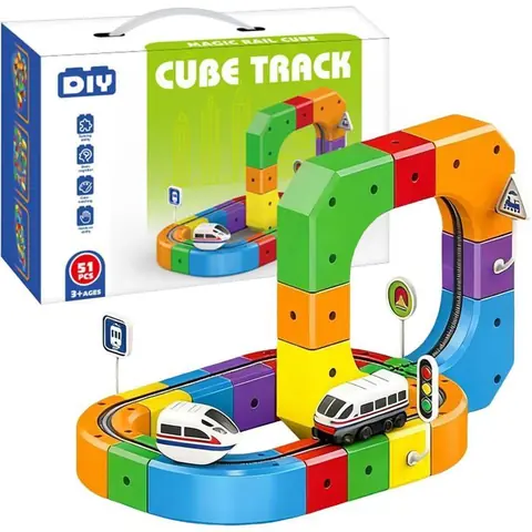 Circuit Voiture—51Pcs Ensemble de Construction Magnétique Modulaire avec Train Électrique à Recharge USB