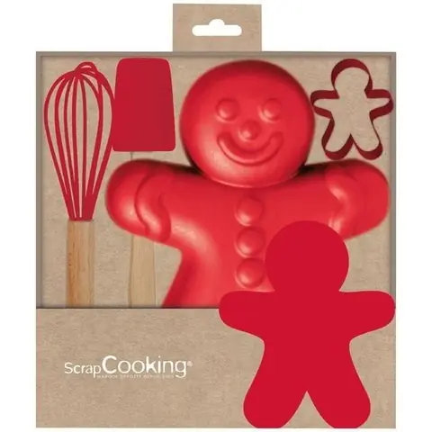 Coffret ustensiles - SCRAPCOOKING - Bonhomme de pain dépices - Fouet/cuillère/découpoir/moule - Rouge