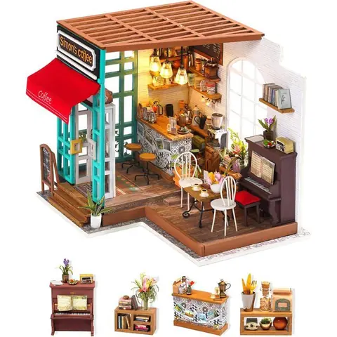 Puzzle 3D en bois - ROBOTIME - DG109 - Maquette café miniature - Éclairage LED intégré - Kit DIY 203 pièces