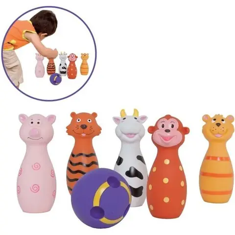 LUDI - Jeu de 5 quilles en forme danimaux. Dès 10 mois. Plastique souple et résistant. Balle adaptée aux petites mains.
