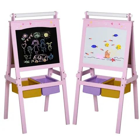 Tableau enfant - HOMCOM - 3 en 1 chevalet ardoise double face blanc craie rouleau papier - MDF - rose