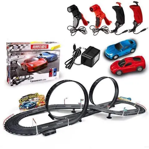 Circuit de Voitures Électriques pour Enfants avec 2 Voitures Boucle à 360° Manuel et Électrique Deux Mode Piste de Course en Duo