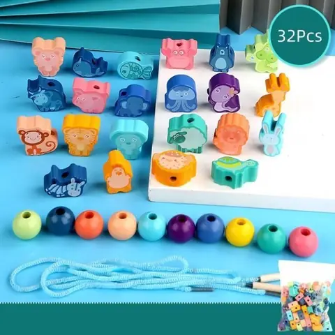 32Pcs Jouets à Enfiler en Bois pour Bébé 2 3 4 5 Ans Perles Montessori avec AnimauxIdée Cadeau pour Anniversaire Noël