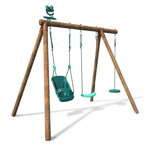 Portique en bois rond 3 agrès avec balançoire bébé et corde disque TIAGO
