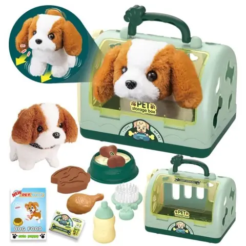 Robot Chien Jouet Enfant Interactif Veterinaire Enfant 12Pièces Malette Docteur avec Électrique Peluche Chien Qui Marche&Cage-vert