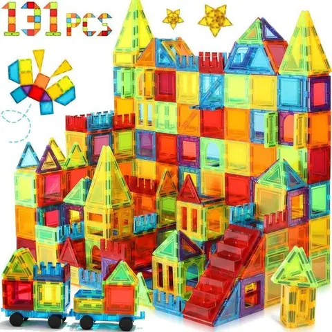 Blocs de construction magnétiques - WISE BLOCK - 131 pièces - 2 voitures - Jouets éducatifs pour enfants