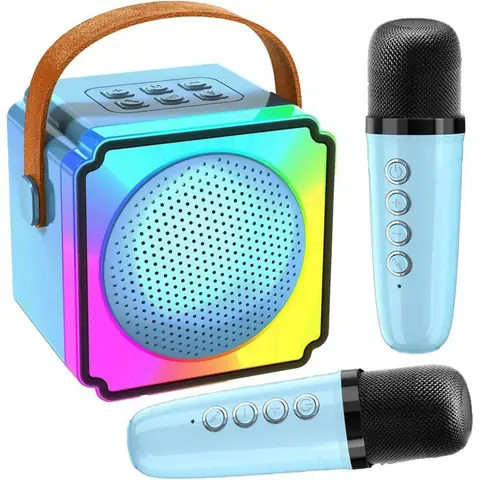 ®RisingFF Karaoké pour enfants avec 2 microphones enceinte Bluetooth portable avec lumières LED colorées