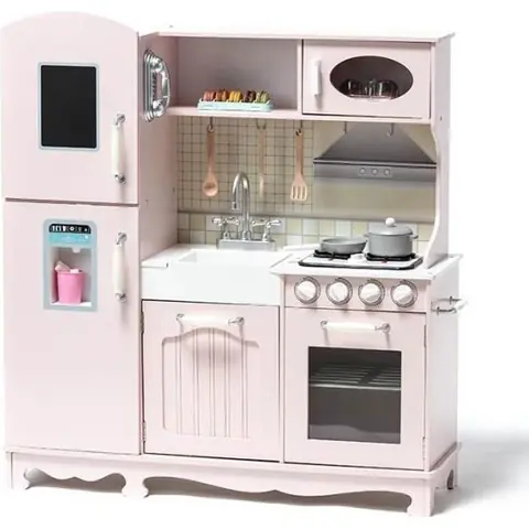 Cuisine en bois - Rose - Pour enfants - 95x32x103cm - Accessoires inclus