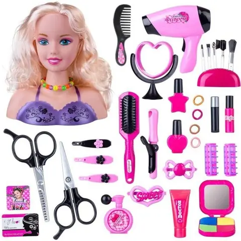 Tete à Coiffer et Maquiller EnfantSet de Coiffure pour EnfantsJeu de Poupées pour Cheveux et Beauté pour Filles de 3 Ans et Plus