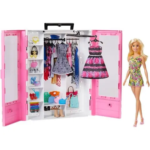 Barbie Fashionistas Le Dressing de Rêve rose et poupée blonde fourni avec cintres et plus de 15 accessoires jouet pour enfant