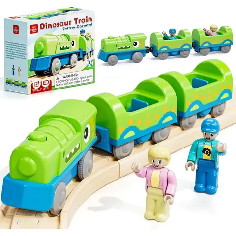 Train Electrique Enfant Dinosaure Locomotive à Piles Compatible Circuit Train en Bois Train Jouet Plastique pour Enfants 3 Ans