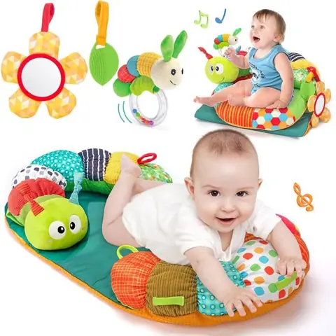 Jouet Bebe 0-3 6 9 Mois3 en 1 Tummy Time Chenille Coussin Bebe Tapis d eveil Bebe avec Anneau Dentition BebeHochet et MiroirJouet