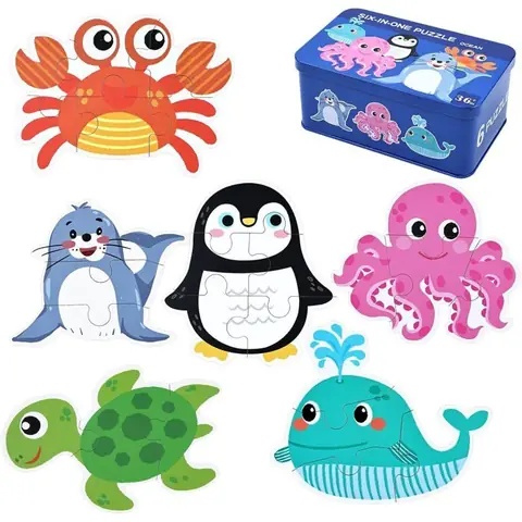 Puzzle Enfant 2 3 4 Ans - 6 en 1 Puzzles en Bois personnalisé avec Boîte Animaux Marins
