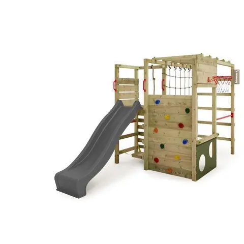 Aire de jeux bois FATMOOSE ActionArena Air XXL anthracite avec toboggan et mur d’escalade panier basket – 10 ans de garantie*