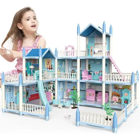 Maison de Rêve pour Filles Jouet Fille3 étages + 3 terrasses Avec accessoires Jouets pour filles de plus de 6 ans（Bleu）
