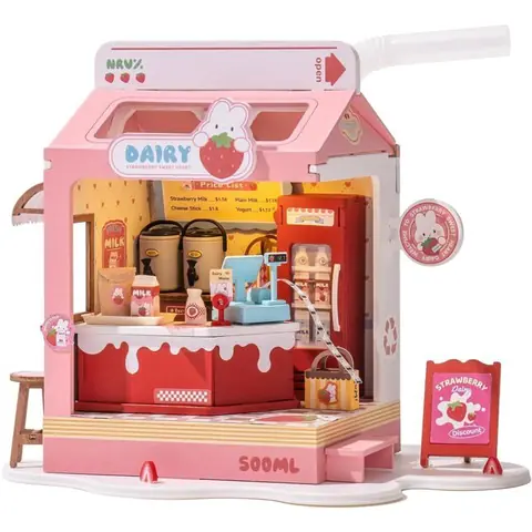 Puzzle 3D en bois à construire - ROBOTIME Fraise lait boîte boutique DIY maison Miniature Kit