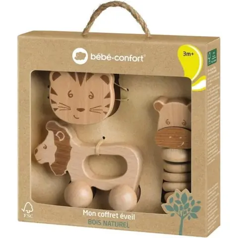 BEBECONFORT Coffret Cadeau Deveil Jouet En Bois :Jouet A Rouler Lion +  Hochet Grelot Tigre + Hochet Gling-Gling - Hippo