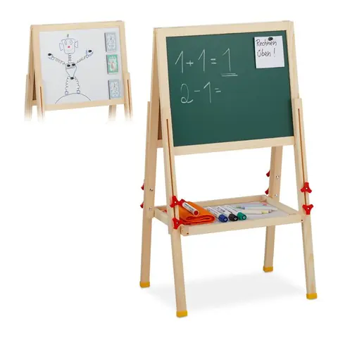 Relaxdays Tableau droit enfant  réglable en hauteur et magnétique en bois Blanc et à craie 81-104 x 45 x 42 cmnature