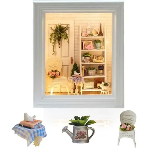 Statue Maison Miniature à Construire DIY Cadre Photo Miniature Bois en Kit avec Anti-Poussière et Meubles