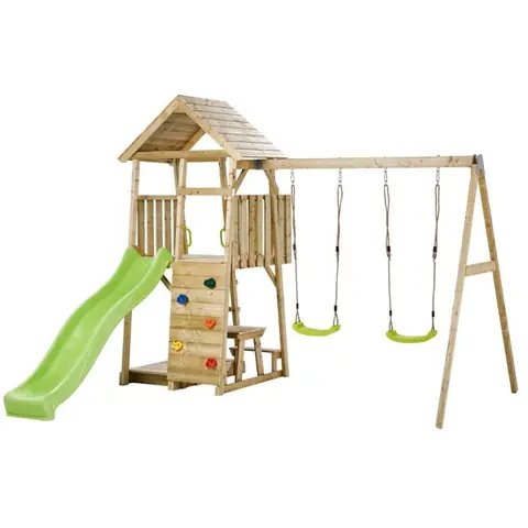 Kangui - Aire de jeux portique en bois WOODI - Double balançoire toboggan mur descalade bac a sable cabane échelle