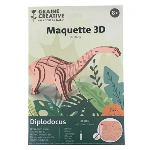 Maquette 3D en bois - Diplodocus - 49 x 10 x 15 cm - 38 pièces - Pour enfants à partir de 8 ans
