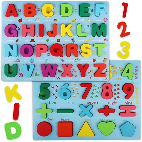 Puzzle en bois - Lettres et chiffres - 2 pièces - Éducatif - Multicolore