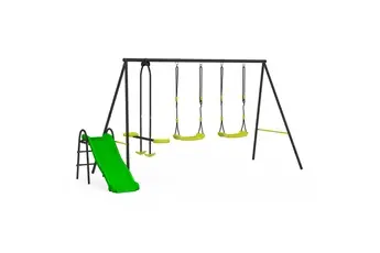 Balançoire 3 agrès portique avec 2 balançoires, 1 face à face et toboggan
