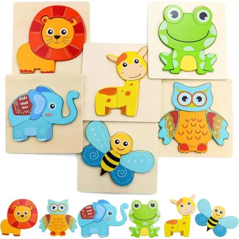Puzzle en Bois Enfant - Marque - Animaux 3D Puzzles - 6 PCS - Jouet Bébé Puzzle à Encastrements