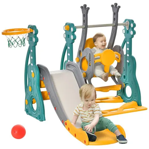 Toboggan et balançoire pour enfants 4 en 1 avec panier de basket siège réglable 152x149x107cm bleu et jaune