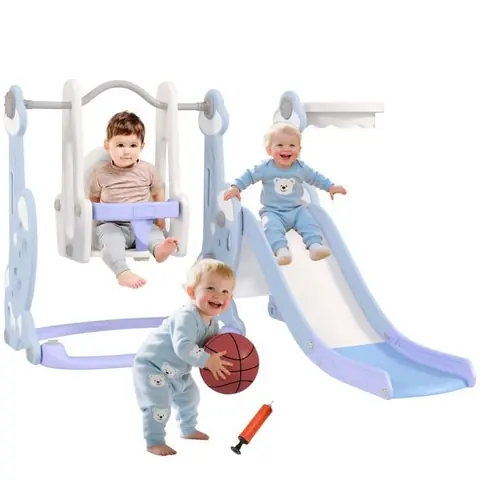 Toboggan et balançoire pour enfants - AIYAPLAY - 4 en 1 - panier de basket et échelle - PE et PP - 1475x160x107cm - bleu clair