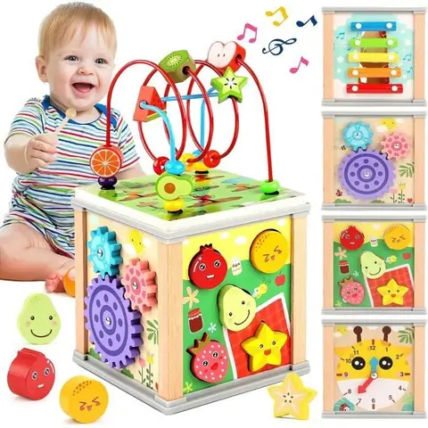 Cube dActivité Bébé - Jouet en Bois - 5 Jeux Montessori - Xylophone - Développement Motricité