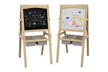 Tableau enfant - chevalet enfant - ardoise double face - tableau blanc tableau à craie - rouleau papier, 2 paniers rangement - MDF pin