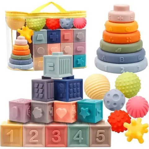 Jeux Montessori Bébé - Multicolore - Cube Souples - Anneaux dempilage - Balle Sensoriel - 6-12 Mois