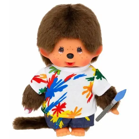 Poupée - SEKIGUCHI - Kiki Monchhichi - Garçon en Tenue de Peintre - 20 cm - Tétine amovible