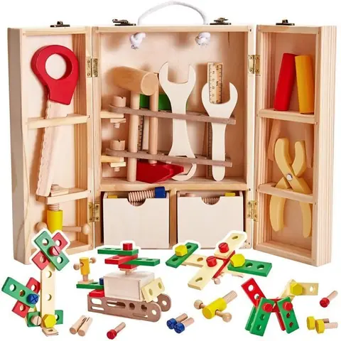 Jouet de bricolage - Caisse à Outils Bois - 35 pièces - 30x20x8 cm - Pour enfants de 3 à 8 ans