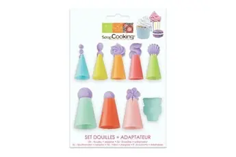 Set de 8 douilles pâtissières en plastique + adaptateur