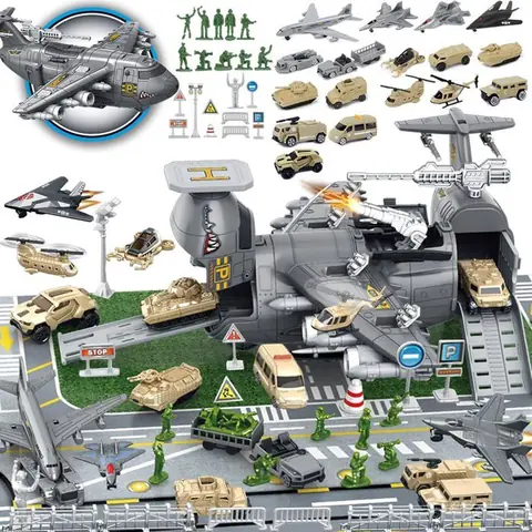 Jouet Avion Militaire pour Enfant - Set Avion de Combat avec 11 Camions 7 Combattant et Soldats - Jouet Cadeau Garçon 3 à 8 ans