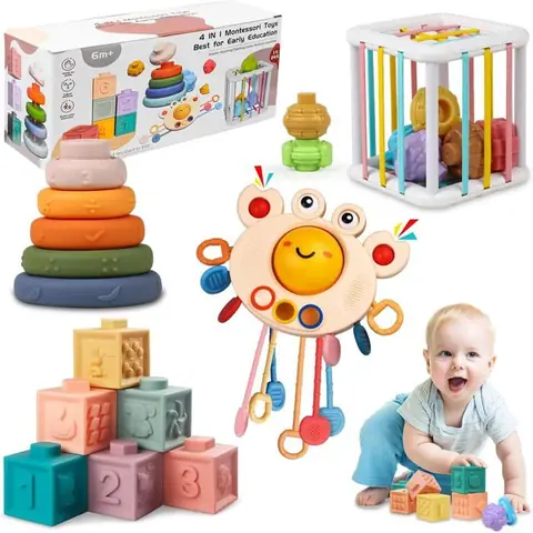 Jouet de Dentition -Jouet Montessori 4 en 1 - Convient aux bébés âgés de 6 à 36 mois  Cadeau déveil pour bébé