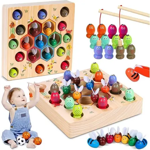 Jouet - Montessori - Jeu de pêche en bois - 12 poissons - 7 abeilles - Multicolore