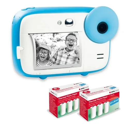 AGFAPHOTO Pack Realikids Instant Cam + 6 rouleaux Papier Thermique ATP3WH supplementaires - Appareil Photo Instantane Enfant, Ecran LCD 2,4', Batterie Lithium, Miroir Selfie et filtre photo - Bleu