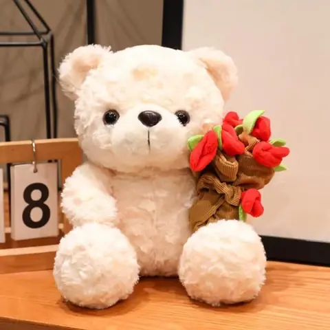 Peluche Ours Blanc avec Bouquet de Fleurs 25 cm – Doudou Doux et Romantique pour Enfants et Adultes