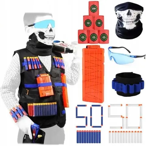 Kit accessoires Nerf - Gilet tactique - 100 munitions - Magasin 12 fléchettes - Cibles mousse - Lunettes